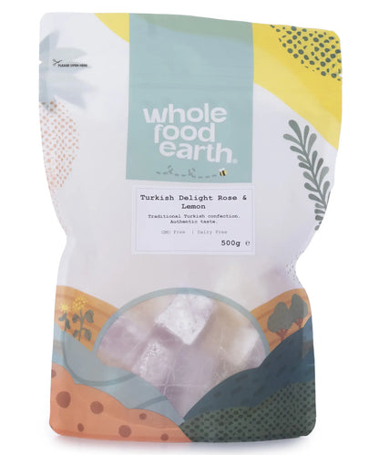 Turkish Delight with rose and lemon flavors from Whole Food Earth, showing a close-up of the specialty sweet in a 500g package.