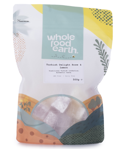Assorted Turkish Delight with rose and lemon flavors from Whole Food Earth in a 500g package