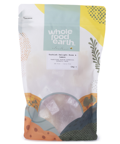 Turkish delight with rose and lemon flavors from Whole Food Earth, 1kg specialty sweet with pink and yellow pieces.