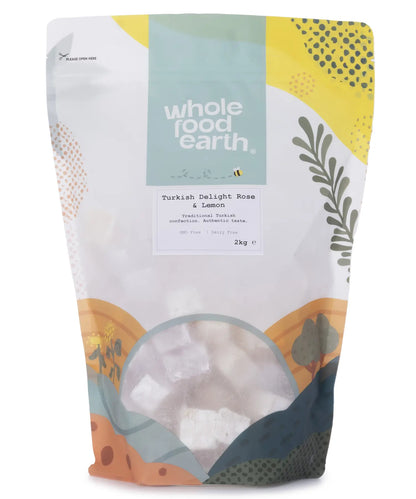 Turkish Delight with rose and lemon flavor from Whole Food Earth, showing a close-up of the colorful, textured specialty sweets.