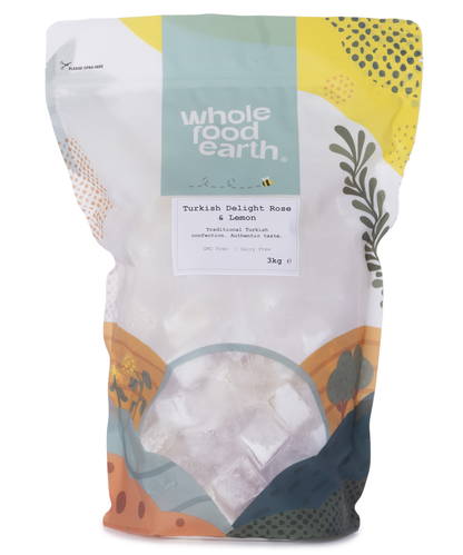 Turkish Delight with rose and lemon flavor in a 3kg specialty box by Whole Food Earth, showing colorful, textured confections.