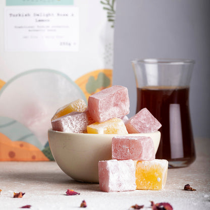 Turkish Delight with rose and lemon flavors from Whole Food Earth, displayed on a plate with fresh ingredients.