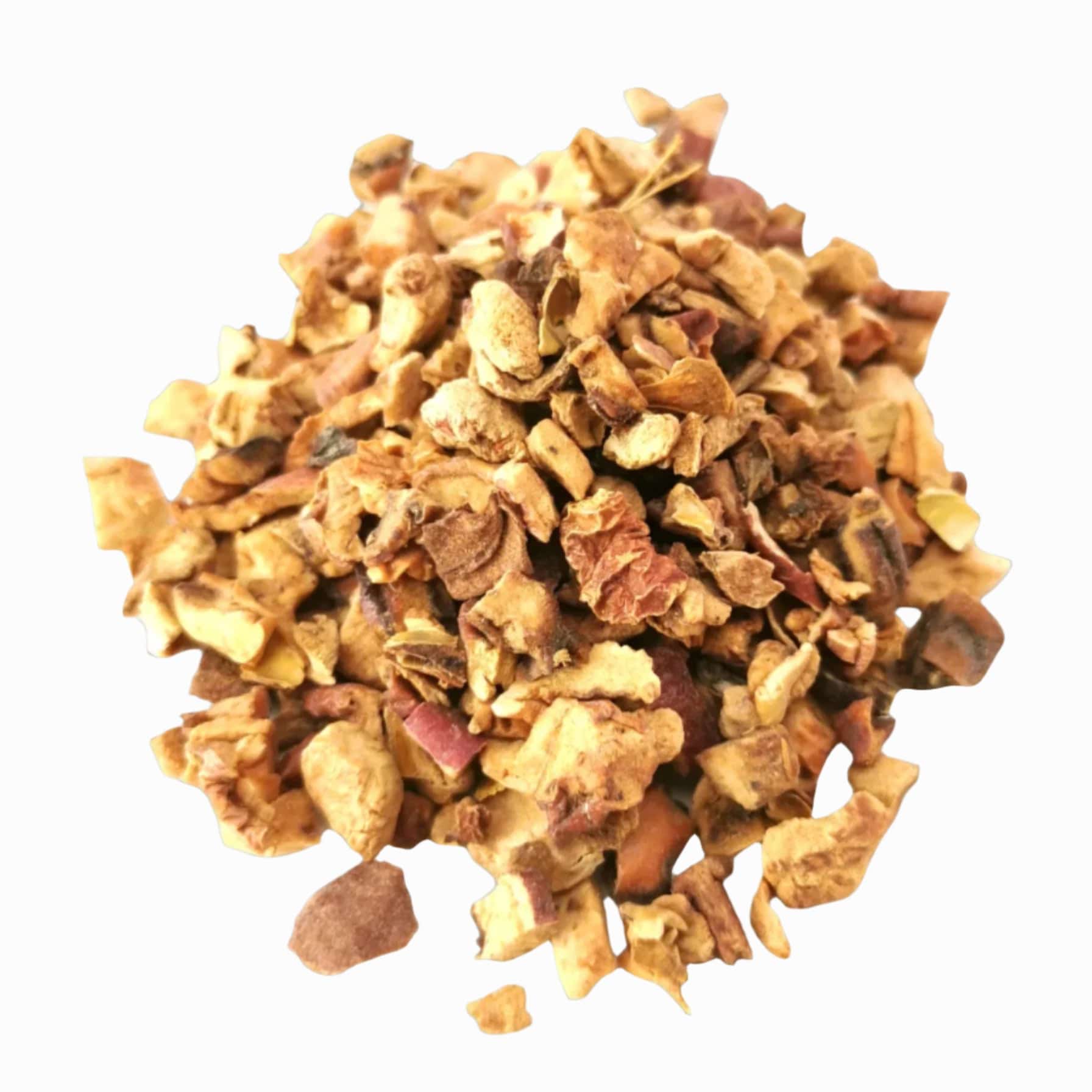 Organic Turkish Apple Tea from Porter Hill Tea Company, showing fresh apple fruit and herbal tea ingredients in a clear jar.