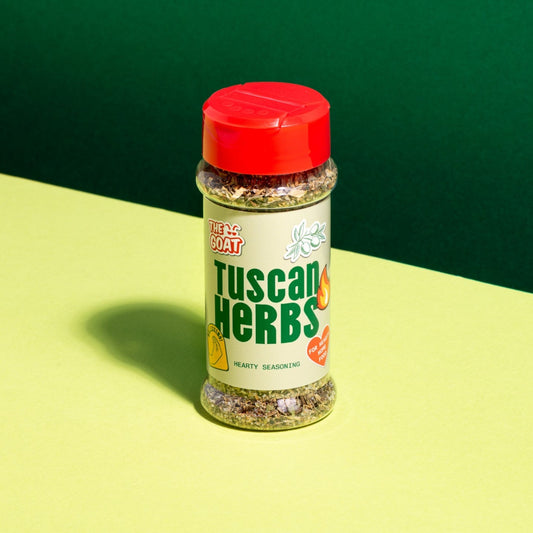 Shaker of The GOAT Seasoning Blends Tuscan Herbs in a 55g container, featuring Mediterranean herb blend with green and beige herbs visible