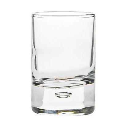 Set of six Bormioli Rocco Bubble Based shot glasses, 65ml capacity, clear glass with bubble design, ideal for spirits and drinks