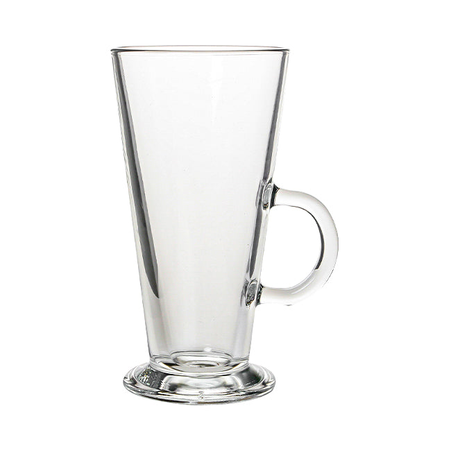 Clear 290ml latte glass from Glassware UK, featuring a sleek design perfect for serving coffee or specialty drinks.