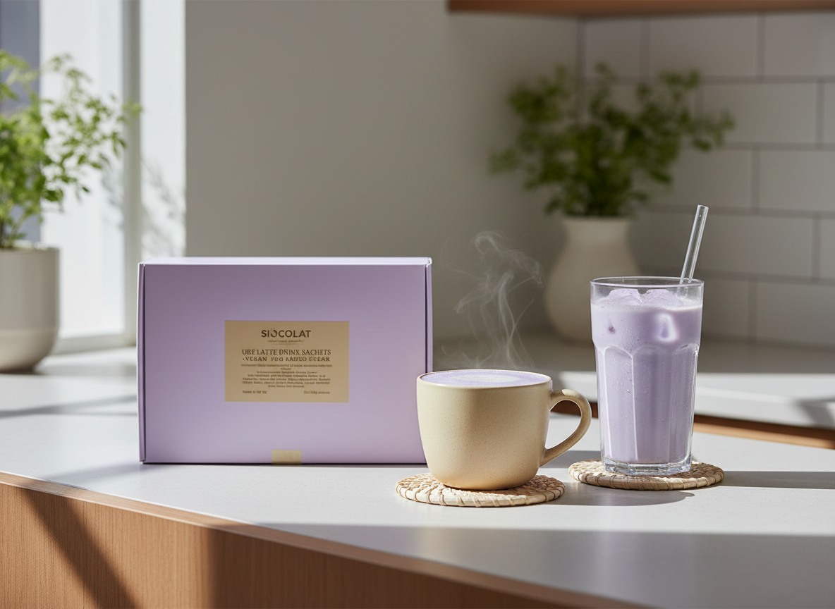 Siocolat instant Ube Latte sachets box featuring sugar-free vegan purple yam drink mix with a colorful, inviting packaging design.