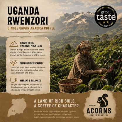 Fresh roasted Uganda Rwenzori Kisinga medium roast coffee beans from Acorns Coffee & Cake, showcasing glossy beans from Mountain of the Moon.