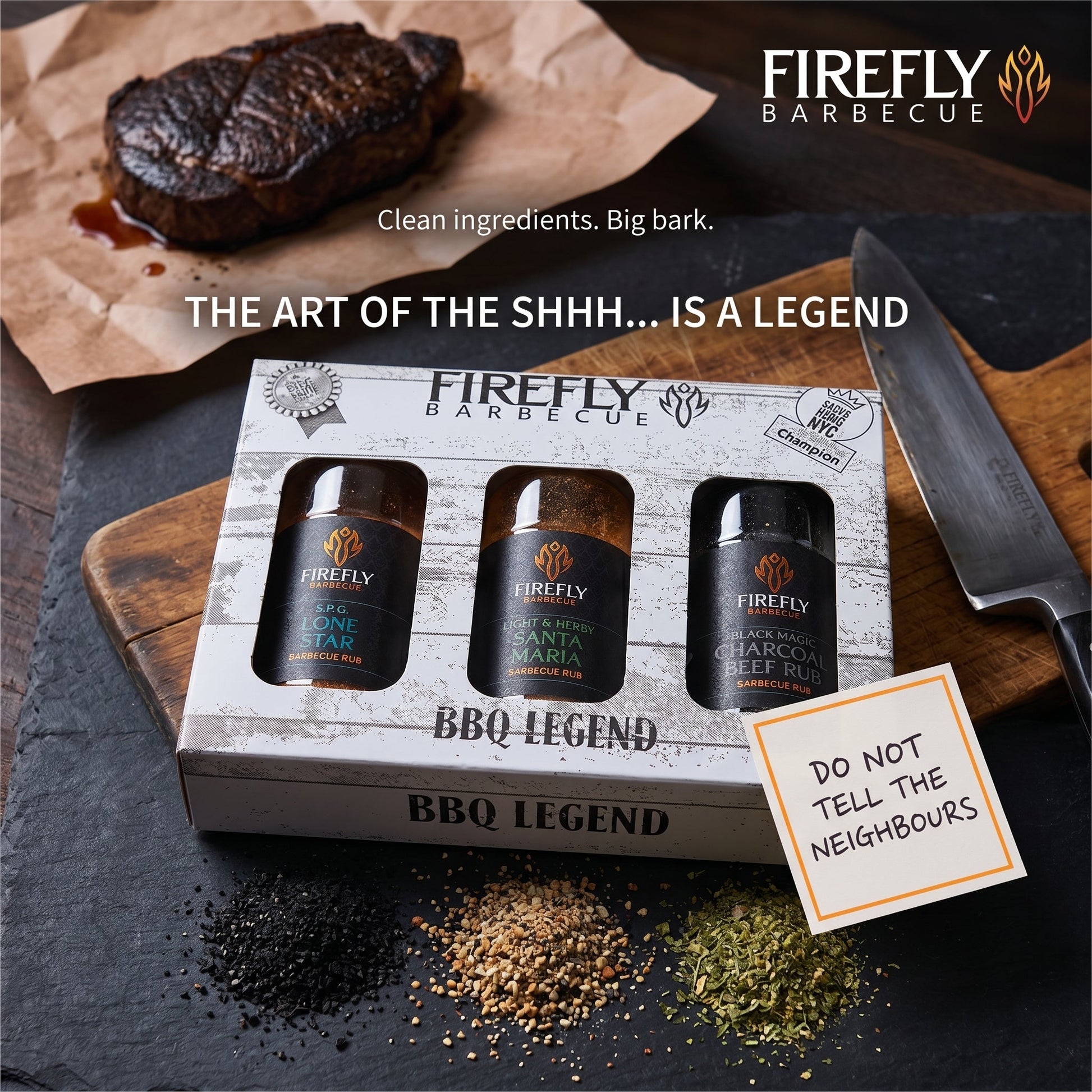 FireFly Barbecue BBQ Legend gift box with three beefy BBQ rubs, featuring a sleek black packaging and a quiet, premium presentation.