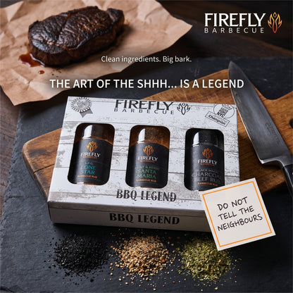FireFly Barbecue BBQ Legend gift box with three beefy BBQ rubs, featuring a sleek black packaging and a quiet, premium presentation.