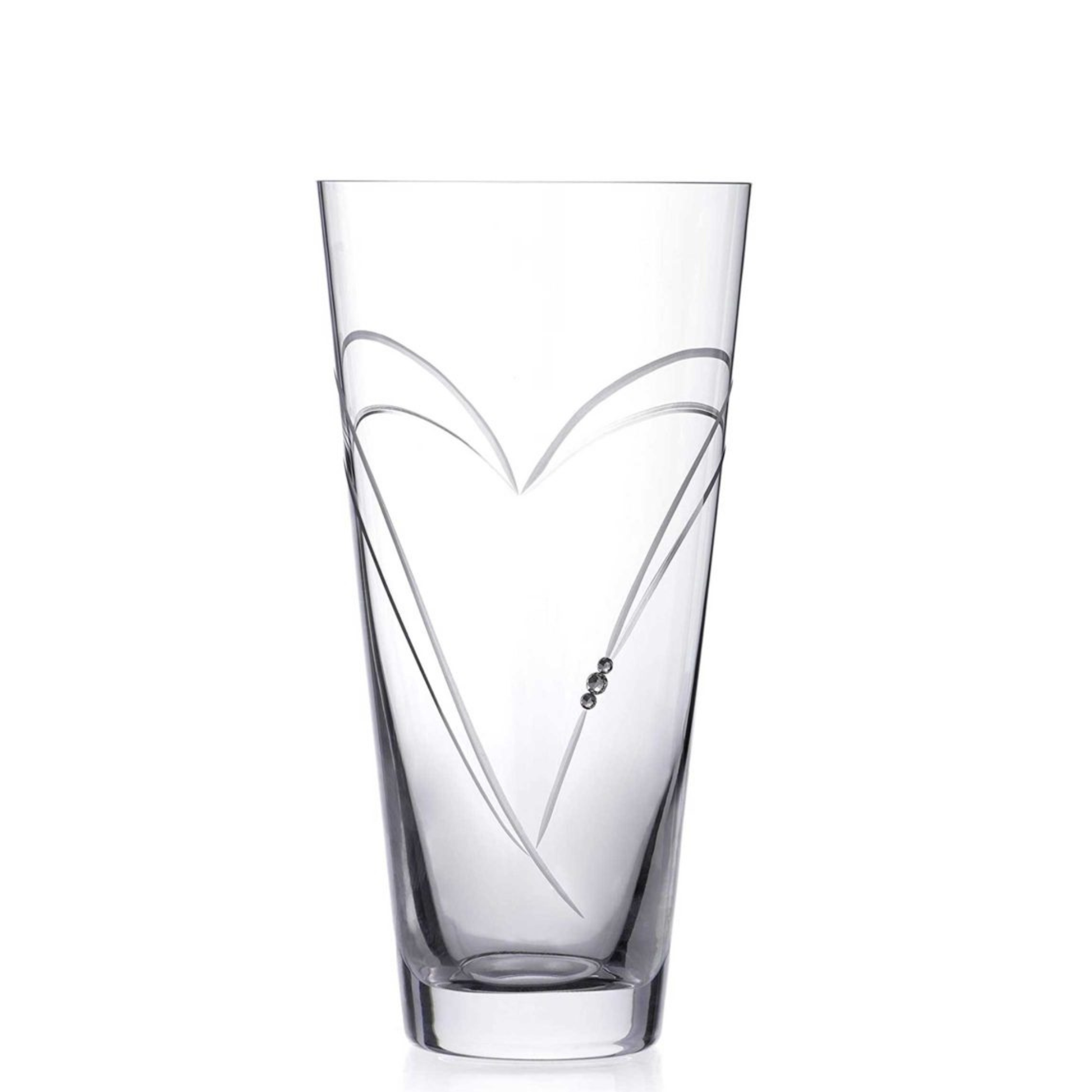 Glassware UK diamante vase with heart-shaped cut design, 25cm tall, clear glass with sparkling diamond accents.