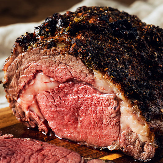 Cornish grass-fed beef rib joint from Primrose Herd, rolled and boned, weighing 1.5 to 4kg, ready for roasting.
