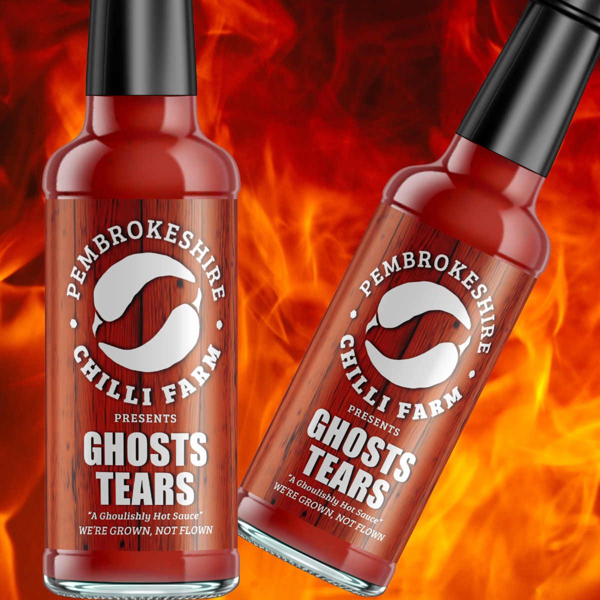 Pembrokeshire Chilli Farm Ghost Tears chili sauce bottle with vibrant label and spicy sauce inside, ready for culinary use.
