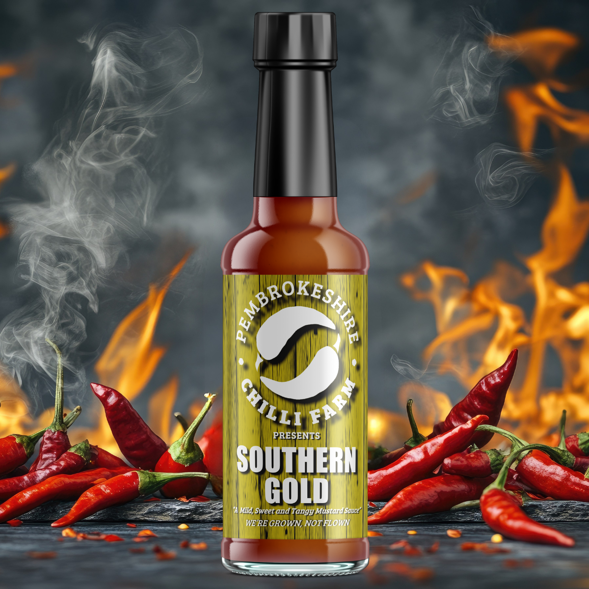 Bottle of Southern Gold Chilli Sauce by Pembrokeshire Chilli Farm, featuring vibrant red chili sauce in a glass bottle.