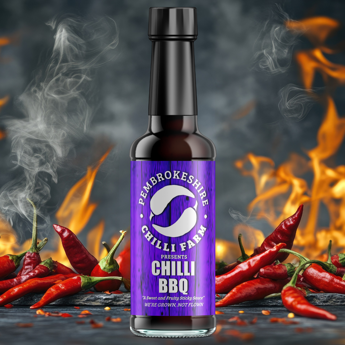 Pembrokeshire Chilli Farm Chilli BBQ Sauce in 195g jar, vibrant red sauce with chili peppers and rich barbecue flavor.