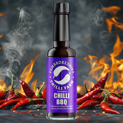 Pembrokeshire Chilli Farm Chilli BBQ Sauce in 195g jar, vibrant red sauce with chili peppers and rich barbecue flavor.