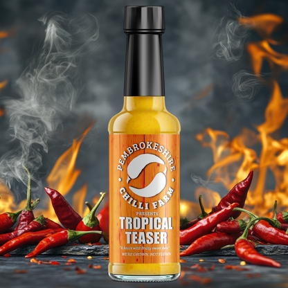 Pembrokeshire Chilli Farm Tropical Teaser Chilli Sauce bottle showing vibrant label and spicy chili ingredients.