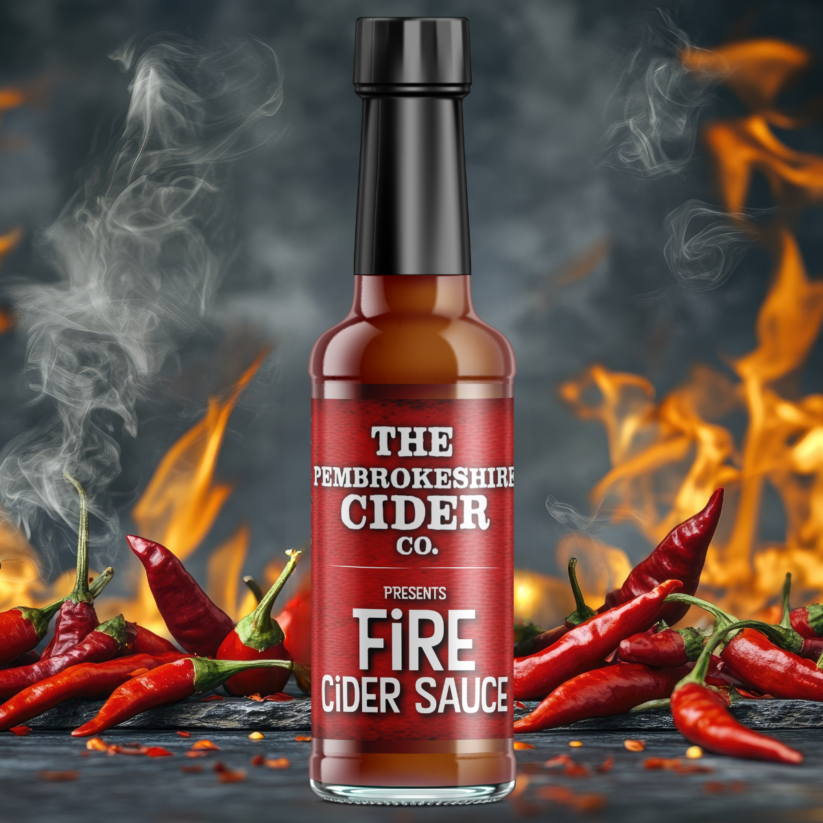 Pembrokeshire Chilli Farm Fire Cider Chilli Sauce in 165g jar, showing vibrant red chili peppers and sauce texture.
