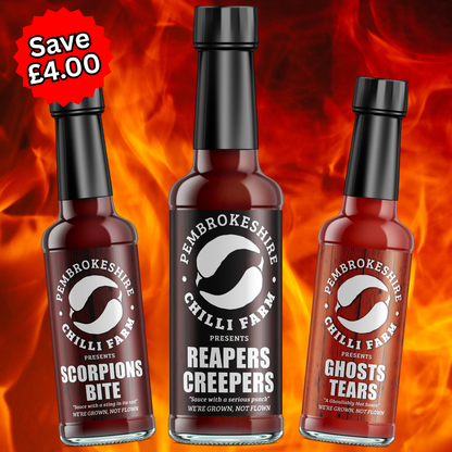 Pembrokeshire Chilli Farm hot sauce gift box featuring three varieties of spicy chili sauces in a colorful set.