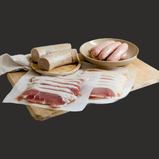 Family Breakfast Box from Primrose Herd, featuring assorted meat selections in a neatly arranged meat box.