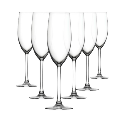 Set of six Glassware UK Reserva Glass Flute Champagne glasses, 240ml, clear and elegant with slender stems.