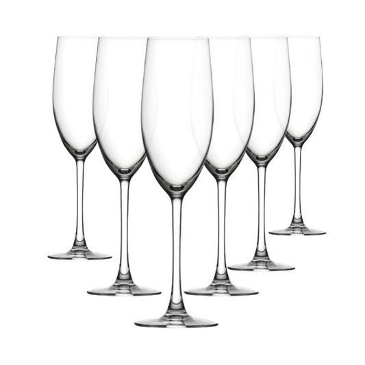 Set of six Glassware UK Reserva Glass Flute Champagne glasses, 240ml, clear and elegant with slender stems.