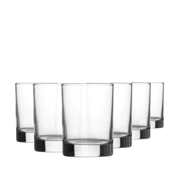 Set of six 170ml Glassware UK whisky tumblers with clear glass, rounded shape, and smooth rims.