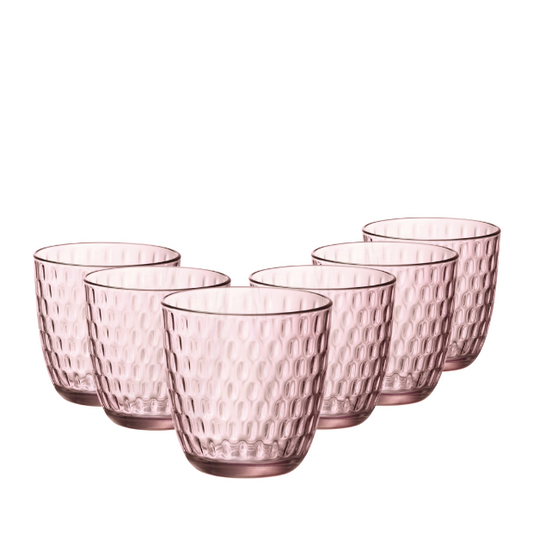 Set of six Bormioli Rocco Slot water glasses in lilac rose, 290ml whisky tumblers with elegant glassware design.