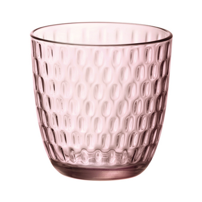 Six Bormioli Rocco Slot water glasses in lilac rose, 290ml whisky tumblers, stylish glassware set for beverages.