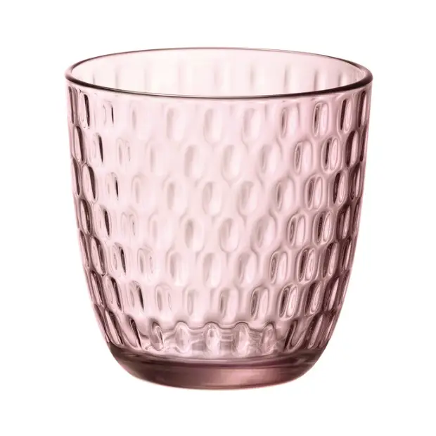 Set of 6 Bormioli Rocco Slot whisky tumblers in lilac rose glassware, 290ml capacity, stylish for water or spirits.
