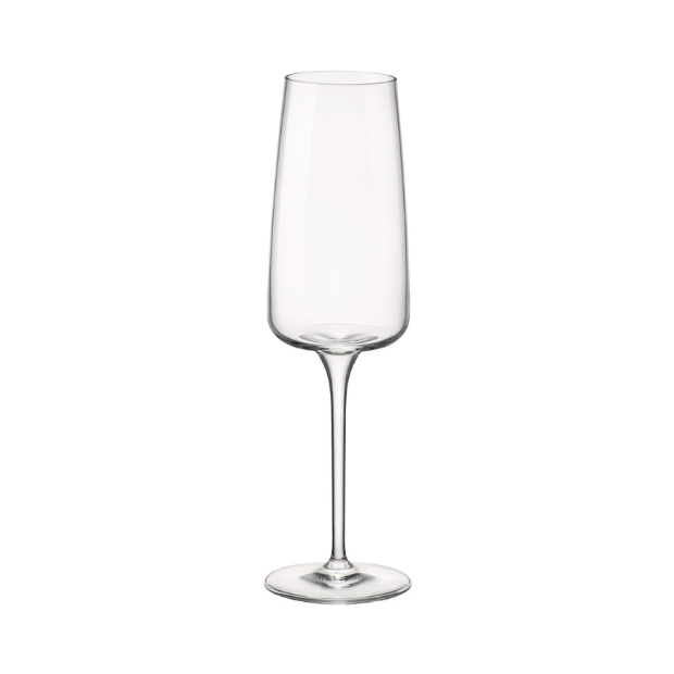 Set of four Bormioli Rocco Planeo Champagne Flutes, 260ml glassware with elegant design, perfect for celebratory drinks.