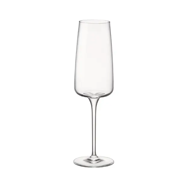 Set of four Bormioli Rocco Planeo champagne flutes, 260ml glassware with tall, slender design for sparkling wine.