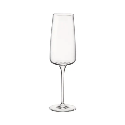 Set of four Bormioli Rocco Planeo champagne flutes, 260ml glassware with tall, slender design for sparkling wine.