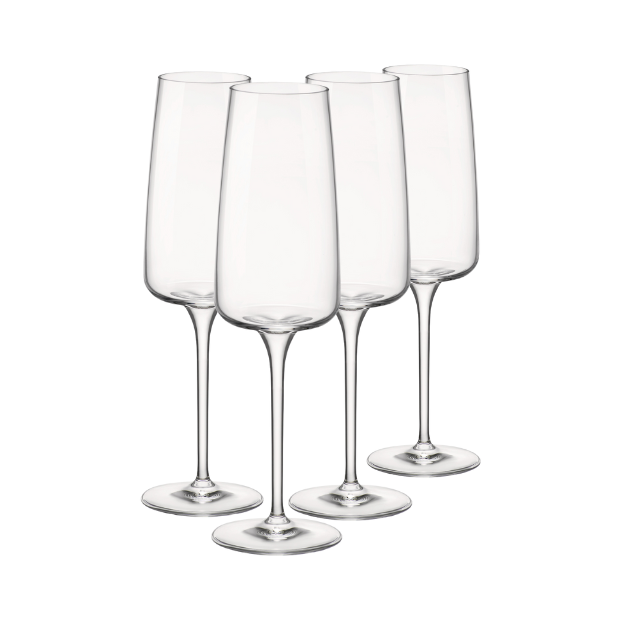 Set of four Bormioli Rocco Planeo champagne flutes, 260ml glassware for sparkling wine, clear and elegant design.