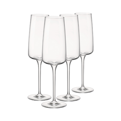 Set of four Bormioli Rocco Planeo champagne flutes, 260ml glassware for sparkling wine, clear and elegant design.