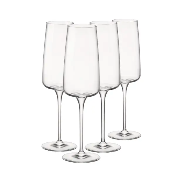 Set of four Bormioli Rocco Planeo champagne flutes, 260ml glassware with tall, slender design for elegant champagne serving.