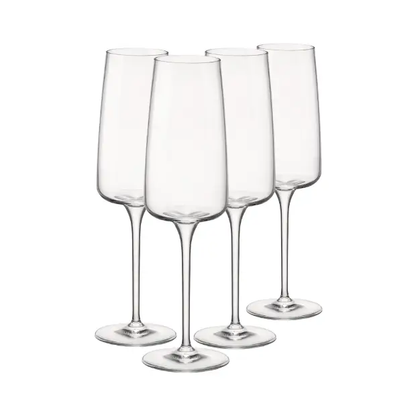 Set of four Bormioli Rocco Planeo champagne flutes, 260ml glassware with tall, slender design for elegant champagne serving.