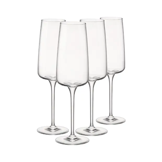 Set of four Bormioli Rocco Planeo champagne flutes, 260ml glassware with tall, slender design for elegant champagne serving.