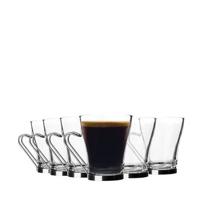 Set of six Bormioli Rocco Oslo cappuccino glasses, 235ml coffee glasses with clear glass design, perfect for espresso drinks.