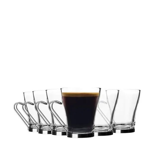 Set of six Bormioli Rocco Oslo Cappuccino Glasses, 235ml, clear glass coffee cups with a smooth, rounded design.