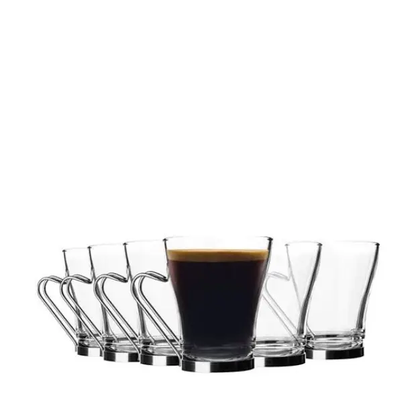 Set of six Bormioli Rocco Oslo Cappuccino Glasses, 235ml, clear glass coffee cups with a smooth, rounded design.