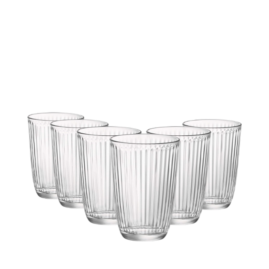 Set of six Bormioli Rocco Line long whisky tumblers, 390ml glassware with clear, elegant design for enjoying spirits.