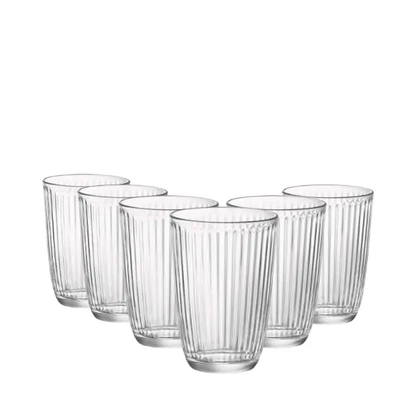 Set of six Bormioli Rocco Line Long Glasses, 390ml whisky tumblers, clear glassware with elegant design for spirits and cocktails.