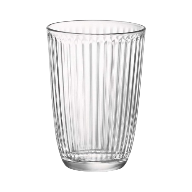 Set of six Bormioli Rocco Line long whisky tumblers, 390ml glassware with clear, elegant design for beverages.