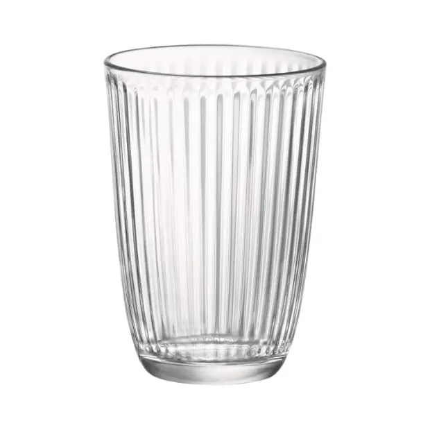 Set of six Bormioli Rocco Line Long Glasses, 390ml whisky tumblers with clear glass design, perfect for serving spirits.
