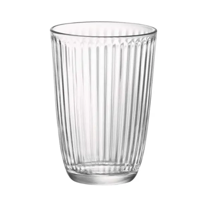 Set of six Bormioli Rocco Line Long Glasses, 390ml whisky tumblers with clear glass design, perfect for serving spirits.