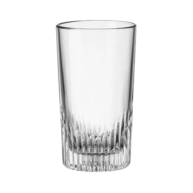 Set of six Bormioli Rocco Graphics 450ml whisky tumblers with clear glass, designed for elegant drink presentation.