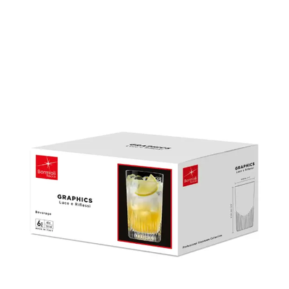 Set of six Bormioli Rocco Graphics 450ml whisky tumblers, clear glassware with a modern design for whiskey or cocktails.