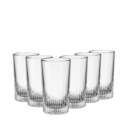 Six Bormioli Rocco Graphics long whisky tumblers, 450ml glassware set with clear, stylish design for beverages.