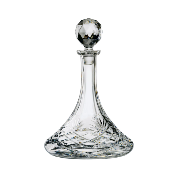 Glassware UK fully cut crystal ships decanter with 0.85L capacity, featuring intricate ship and ocean design in clear crystal.